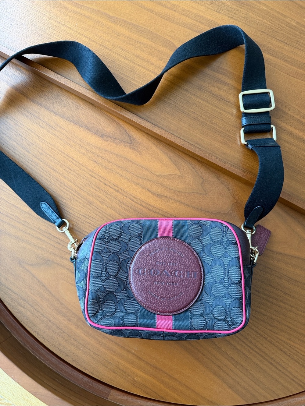 Coach Signature Crossbody in Black with Pink and Burgundy Accents